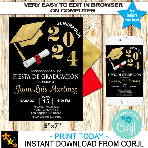 Spanish Graduation Party Invitation, Invitacion Graduacion, Black Gold ...