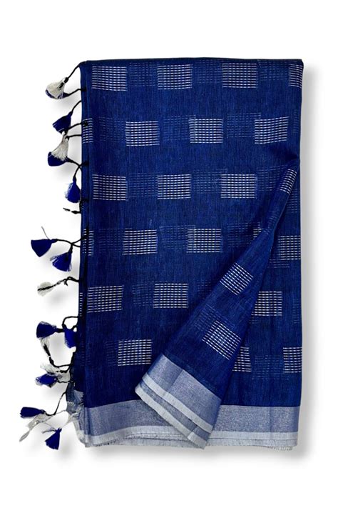 Garima - Navy Handwoven Pure Linen Saree | Linen World