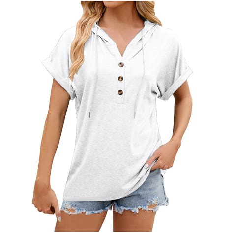Summer Tops for Women Spring/ Summer Solid Color Hooded Button Loose T ...