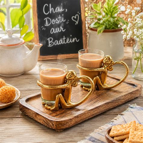 Buy Two Moustaches Metal Monkey Tea Cup Holder Glass Pair - Set of 2 ...