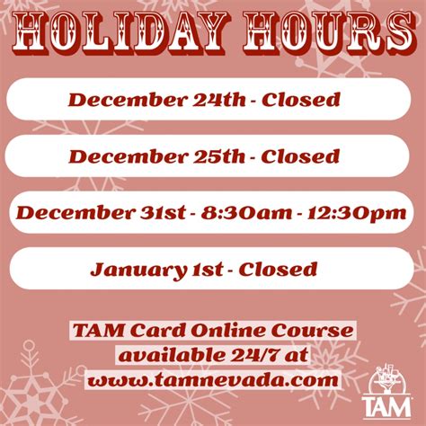 TAM® of Nevada Holiday Hours – TAM Card® Nation in Vegas!