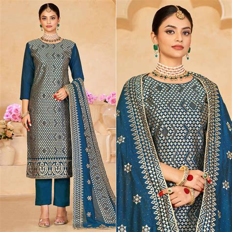 Teal Blue Embroidered With Swarovski Work Vichitra Silk Semi Stitched