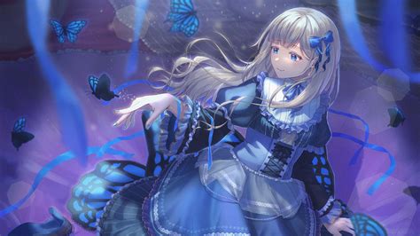 Download wallpaper 1920x1080 girl, dress, butterflies, anime, art, blue ...