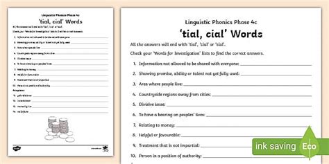 Linguistic Phonics Phase 4c 'tial, cial' Word Worksheet