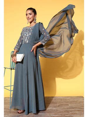 Buy KVS FAB Grey Georgette Sequence Embroidered Draped A-Line Gown (S ...