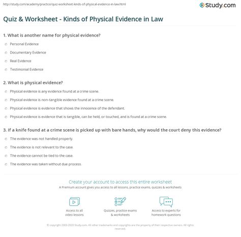 Quiz & Worksheet - Kinds of Physical Evidence in Law | Study.com