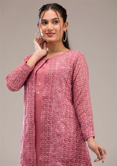 Buy Onion Pink Threadwork Georgette Readymade Salwar Suit - Koskii
