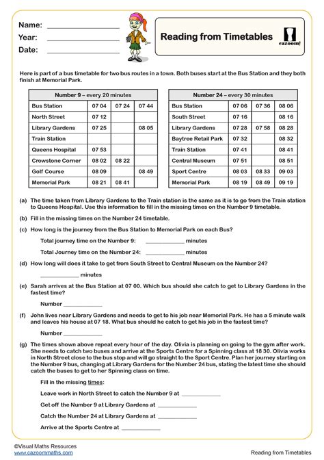 Read a bus timetable - Worksheets Library