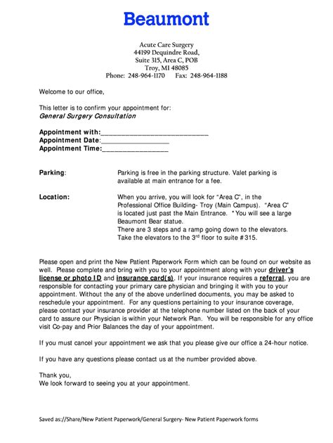 Beaumont New Patient Welcome Letter - Blank Fillable Template | Fill ...