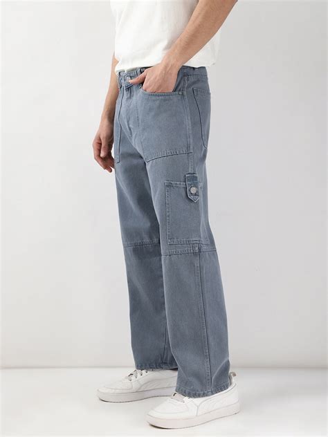 Men's Light Grey Loose Baggy Fit Washed Cargo Jeans with 6 Pockets Non ...