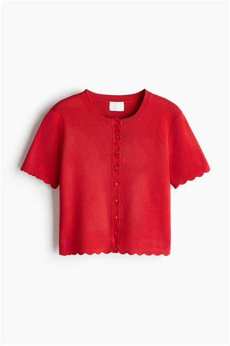 Scalloped Fine-Knit Cardigan - Red - Ladies | H&M US