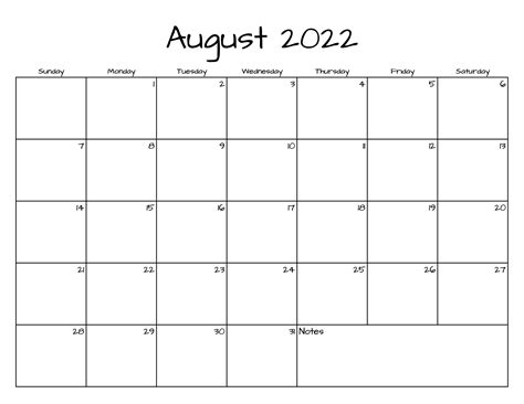 Calendar 2022 Printable Monthly August