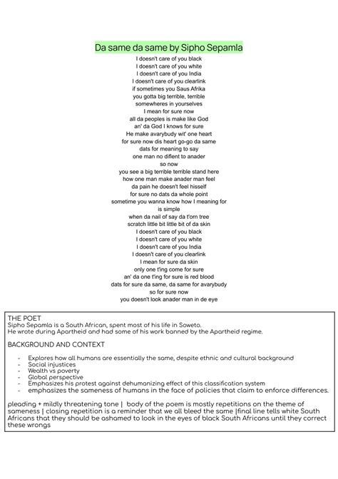 Summary Grade 11 English: da same da same poem analysis - English Home ...