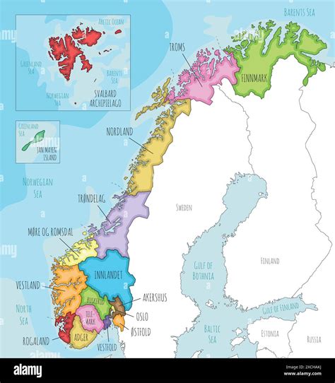 Vector illustrated regional map of Norway with counties and territories, and neighbouring ...