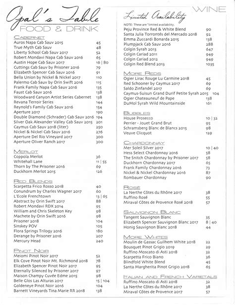 Opal’s Table – Menu – Midland – Midland Menus