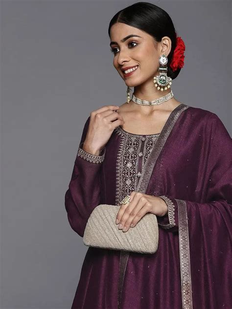 Buy Purple Yoke Design Silk Blend Anarkali Suit With Dupatta Online at ...