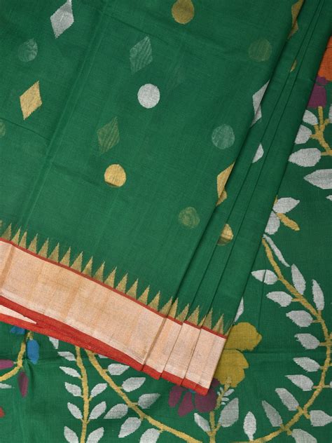 Green Khadi Cotton Handloom Saree with Flowers Pallu Design kh0661 – Uppada
