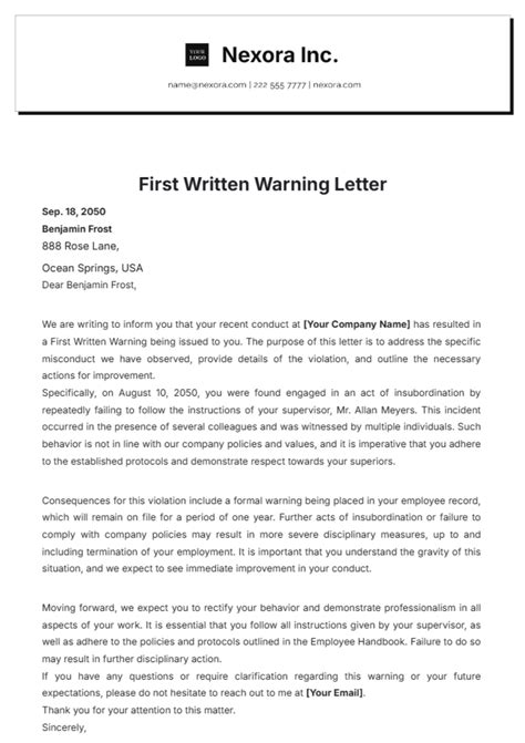 Free Employee Late Warning Letter Template to Edit Online