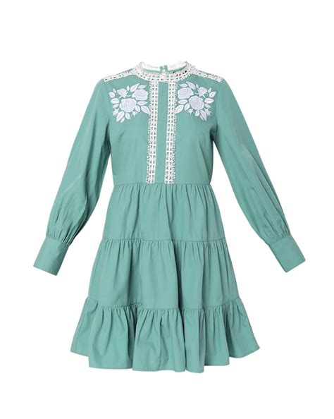Green Embroidered Tiered Dress