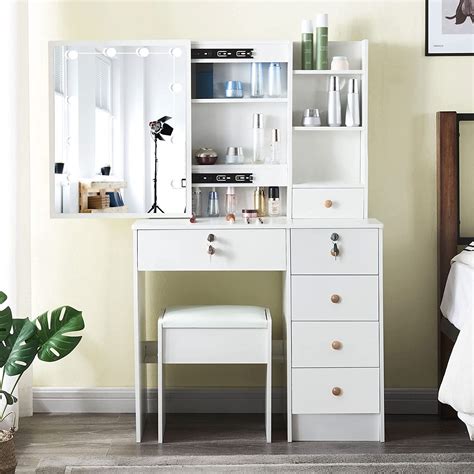 Puselo Modern Makeup Vanity Dressing Table with 5 Drawers,White Vanity ...