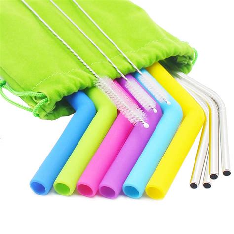 14 Pcs Reusable Straws Set, Inc 6 Curved Silicone Straws & 4 Stainless ...