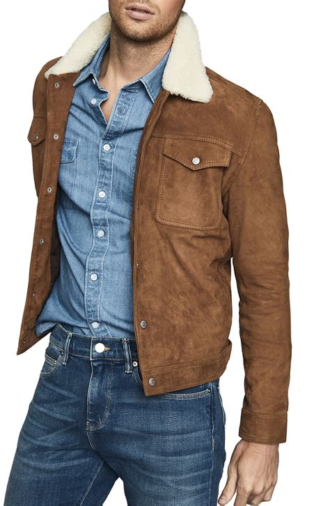 Reiss Miles Suede Trucker Jacket with Genuine Shearling Collar ...