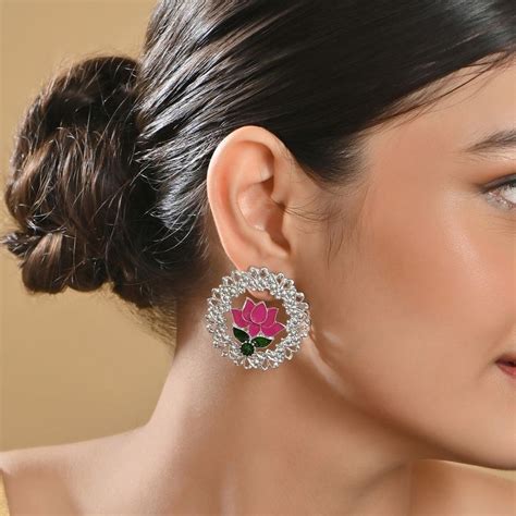 Buy Fida Pink Green Meenakari Traditional Lotus Women Drop Earrings Online