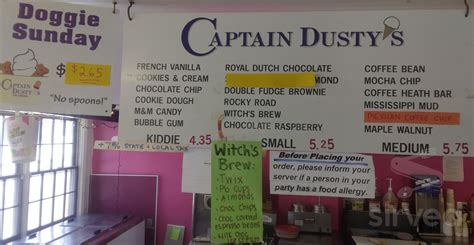 Captain Dusty's Ice Cream menu in Salem, Massachusetts, USA