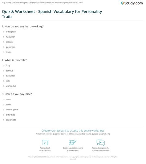 Quiz & Worksheet - Spanish Vocabulary for Personality Traits | Study.com