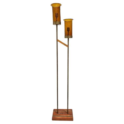 Asymmetric Mid-century Brass Torchiere Floor Lamp w/ Wood Base Smoked ...