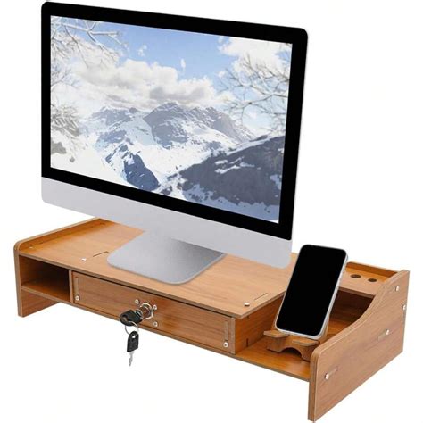 Wood Computer Monitor Stand For Desk Monitor Riser With 1 Drawer & Lock ...