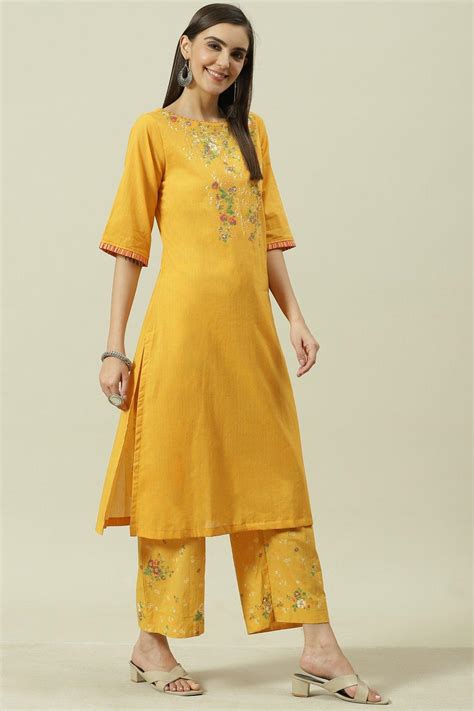 Mustard Printed Cotton Straight Kurta Palazzo Suit Set