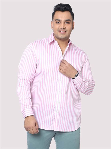 Men Plus Size Pink & White Striped Digital Printed Full Shirt - Guniaa