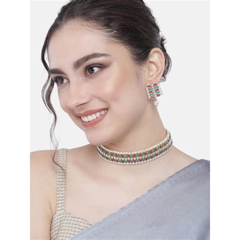 Etnico Gold Plated Traditional Peach Pearl & Kundan Studded Choker Nec ...