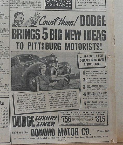 1939 newspaper ad for Dodge - Brings 5 Big New Ideas to Pittsburg KS ...