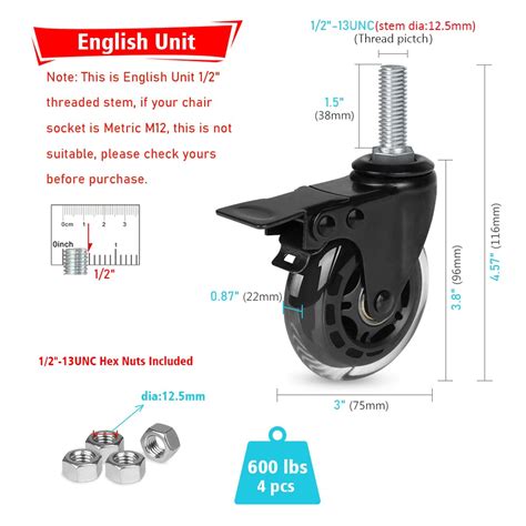 Buy Hirate 3 Industrial Castors,1/2-13 x 1.5 Threaded Stem Swivel Dual ...