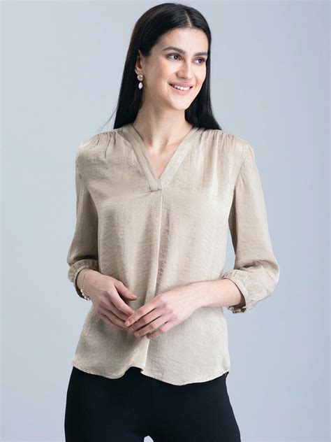 Buy Beige Satin V Neck Formal Tops Online | FableStreet