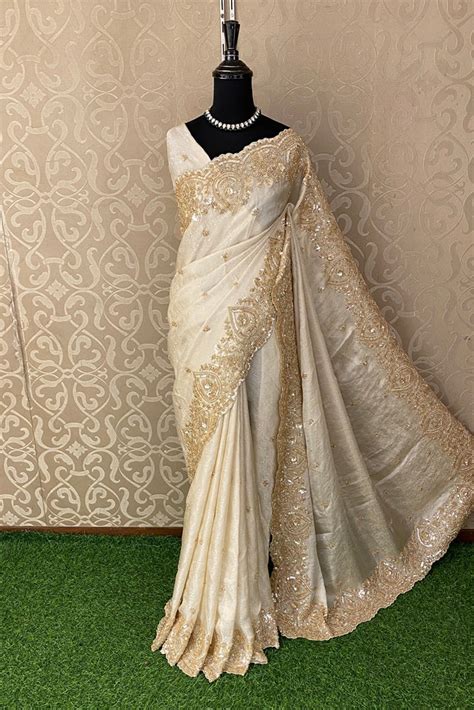 Offwhite Gold Kanjeevaram Silk Embroidery Saree, With Unstich Blouse ...