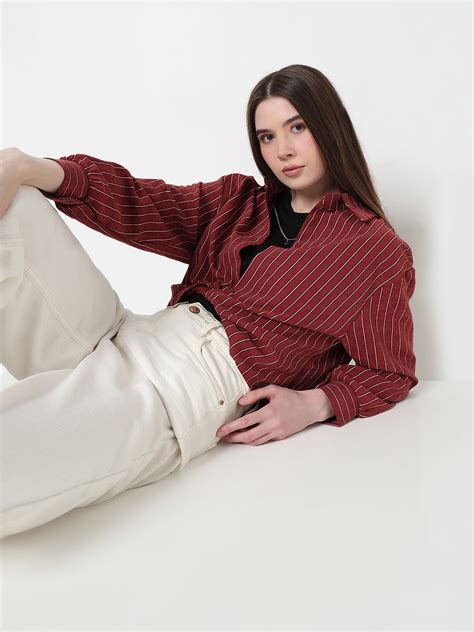 SHOWOFFFF Edition Women's Striped Maroon Shirt Collar Crop Top with ...