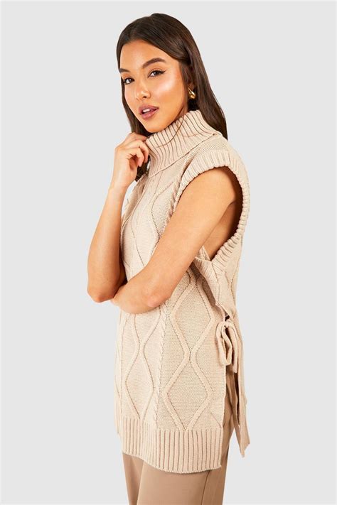 Tie Side Cable Knit Roll Neck Tunic | boohoo UK