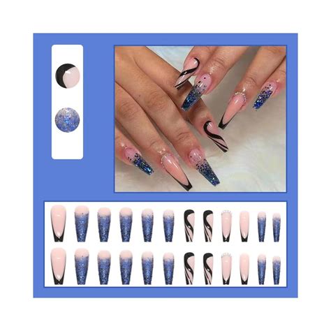 Buy 24 Pcs Coffin Shape Press on Nails,Long Length with Black Swirl ...