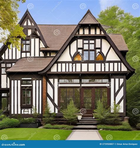 A Tudor-style Home with a Steeply Pitched Roof, Half-timbered Walls ...