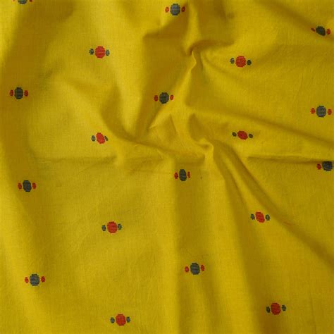 Pure Cotton Handloom Mustard With Red And Blue Dots Hand Woven Fabric ...