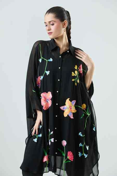 Buy Black Georgette, Satin Embroidery Collared Akira Floral Kaftan With ...