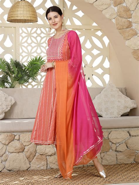 Woven Designed & Embroidered Cotton Blend Anarkali Kurta Pant Dupatta ...