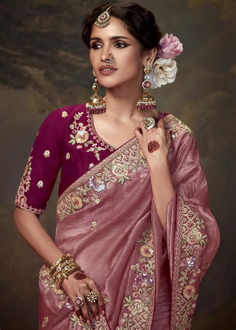 Shop Pure Crushed Tissue Silk Rose Peach Saree Online India Sale – Sunasa