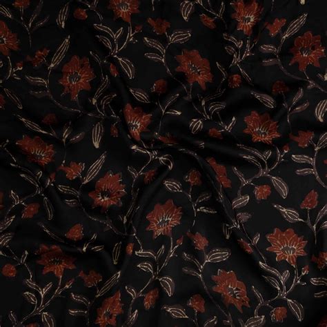 Modal Silk Vanaspati Deep Brown With Maroon Floral Jaal Hand Block Pri ...