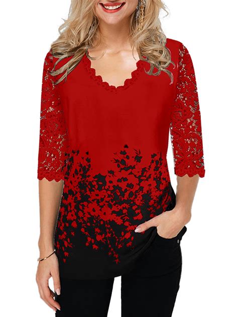 Women's Casual Plus Size Lace 3/4 Sleeve Blouse Long Sleeve T Shirts ...