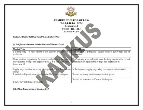 ECO- B.A.LL.B. 1st Sem Sample Copy: Short Answer Questions - Studocu