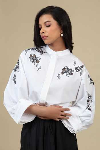Buy Black Cotton, Poplin Embroidery Mandarin Collar Ann Shirt For Women ...